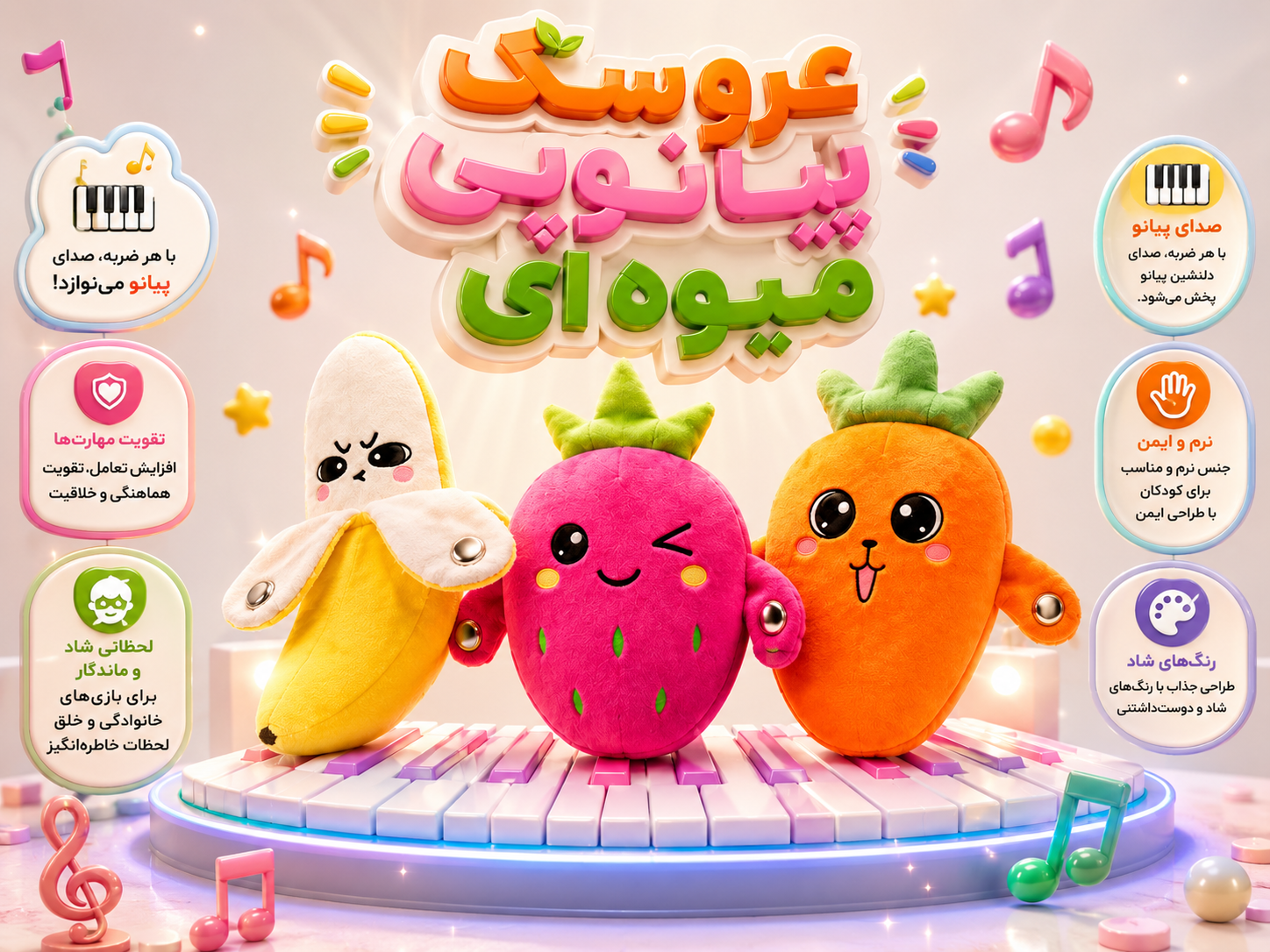 عروسک پولیشی پیانویی طرح میوه موزیکال و حسی کودکان